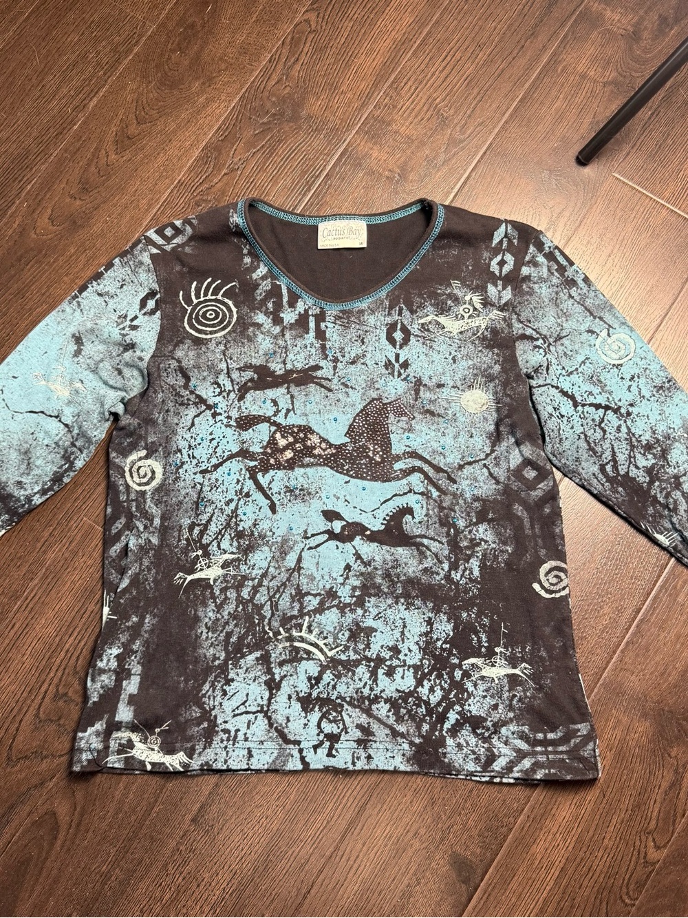 Cactus Blue Black Horse Print Long-Sleeve Top Size M
